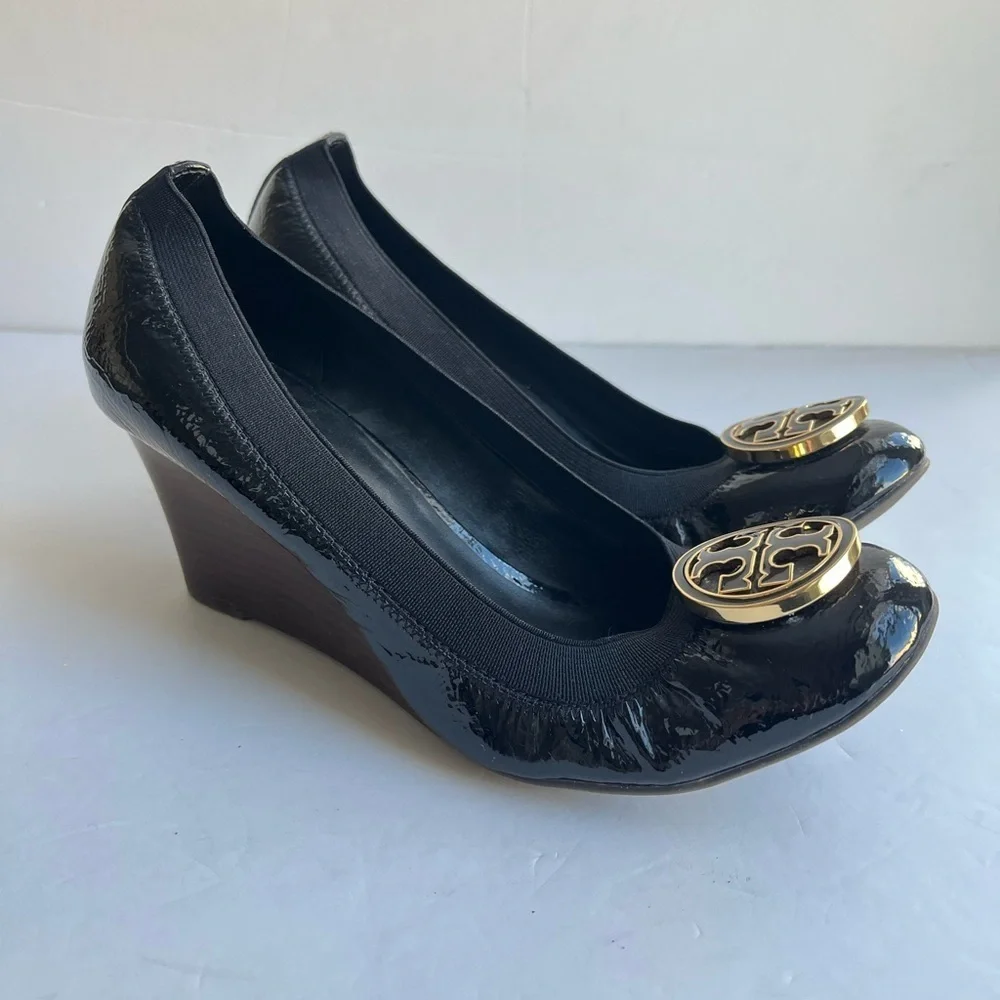 Tory Burch Caroline Black Patent Leather Wedges Size 9 Medium